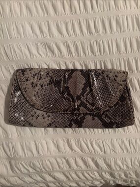 Banana Republic Leather Gathered Gray Snake-Print Envelope Clutch